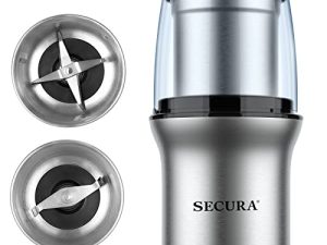 Secura Electric Coffee Grinder and Spice Grinder with 2 Stainless Steel Blades Removable Bowls