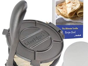 10 Inch Cast Iron Tortilla Press by StarBlue with FREE 100 Pieces Oil Paper and Recipes e-book - Tool to make Indian style Chapati