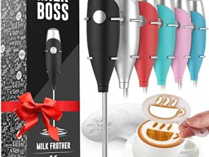 Milk Boss Mighty Milk Frother Handheld Whisk Mixer - Coffee Frother Electric Handheld Foam Maker & Frother For Coffee - Portable Electric Whisk With 16-Piece Stencils For Lattes