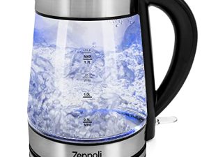 Zeppoli Electric Kettle - Stainless Steel Glass Tea Kettle with Speed Boil & Auto Shutoff - Hot Water Boiler/Heater (1.7L) & Boil-Dry Protection - Cordless & Portable with LED Indicator
