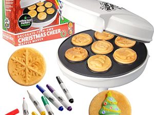 Christmas Holiday Waffle Maker w 6 Edible Food Markers- Make X-Mas Breakfast Fun w Delicious Decorated Pancakes or Waffles- Electric Nonstick Waffler Iron