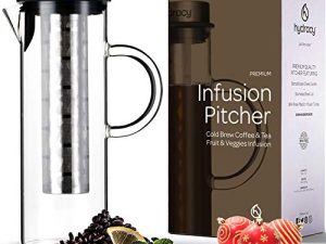 Cold Brew Coffee Maker - Large Glass Infusion Pitcher 1.6 Quarts 52oz - Iced Coffee & Iced Tea Pitcher with Stainless Steel Lid and Mesh Filter & Fruit Infusion Tube - Perfect for Home or Office