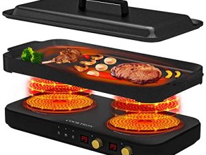 COOKTRON Portable Induction Cooktop 2 Burner with Removable Iron Cast Griddle Pan Non-stick